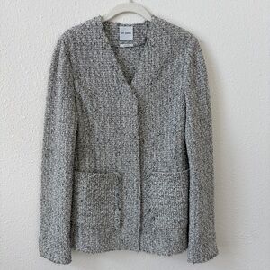 St John Metallic Gray Tweed Blazer Jacket Size 6 Luxury Office Neutral Wool